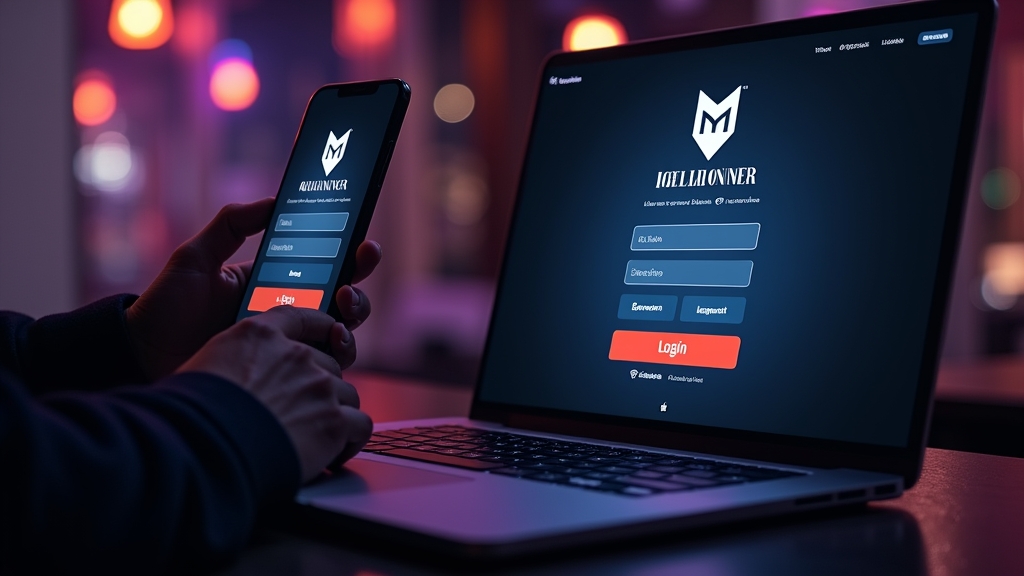 Speler logt in op Millioner Casino op laptop en smartphone in een donkere casinoruimte.