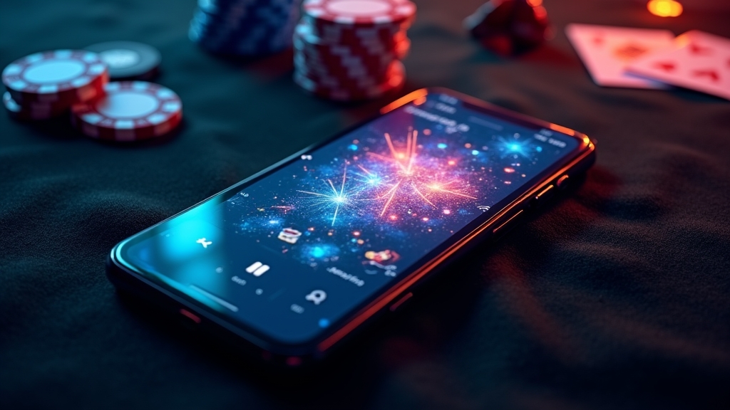 iPhone met de Millioner Casino app en neonverlichting in een casino