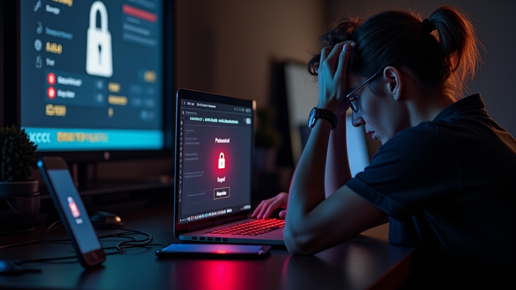 Laptop toont een foutmelding bij Millioner Casino login met telefoon en wachtwoordherstel op tafel.