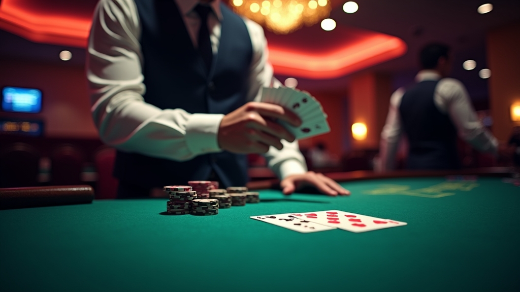 Live blackjack tafel met kaarten, chips en dealer
