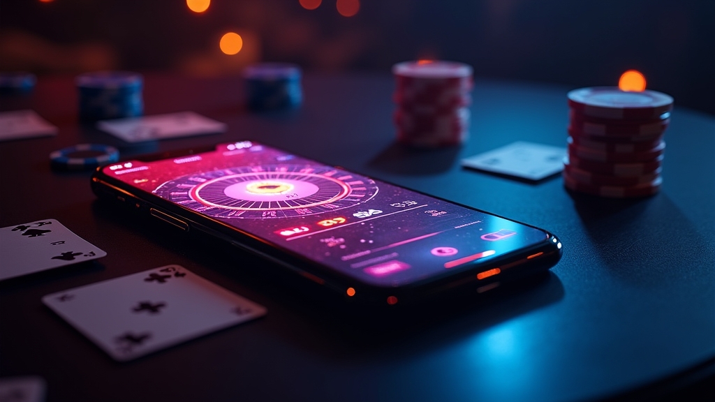 Smartphone en iPhone met de Millioner Casino app in een donker casino-interieur