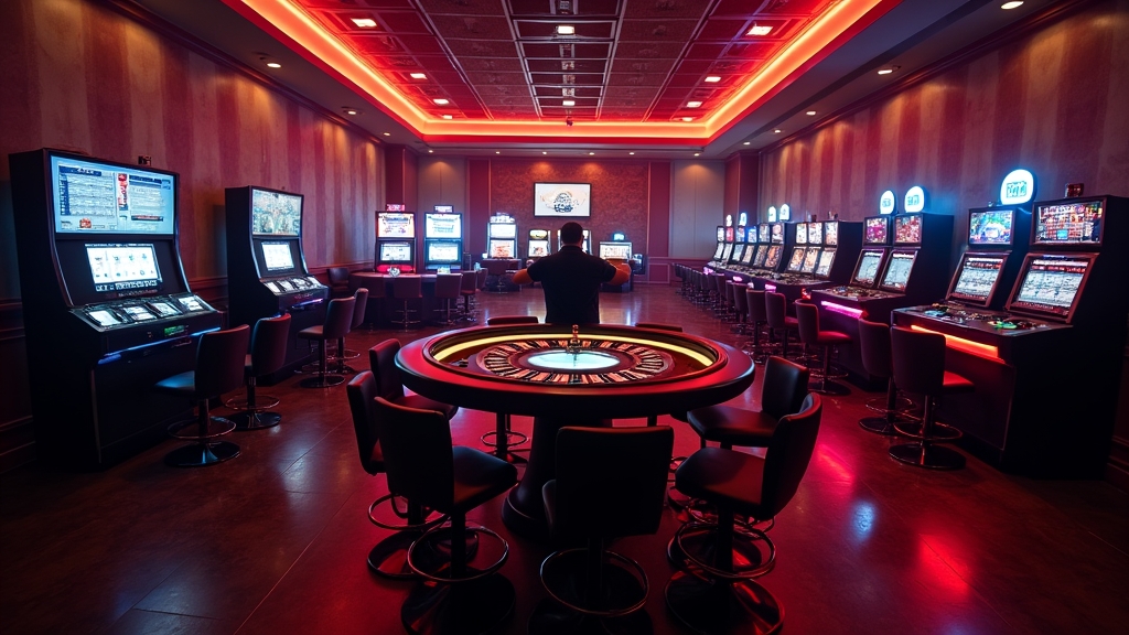 Live casino lobby met tafels, dealer en heldere verlichting