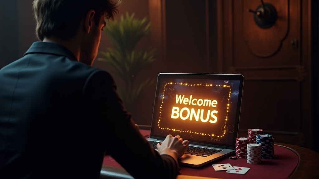 Nieuwe speler bekijkt welkomstbonus op een laptop in een donker casino